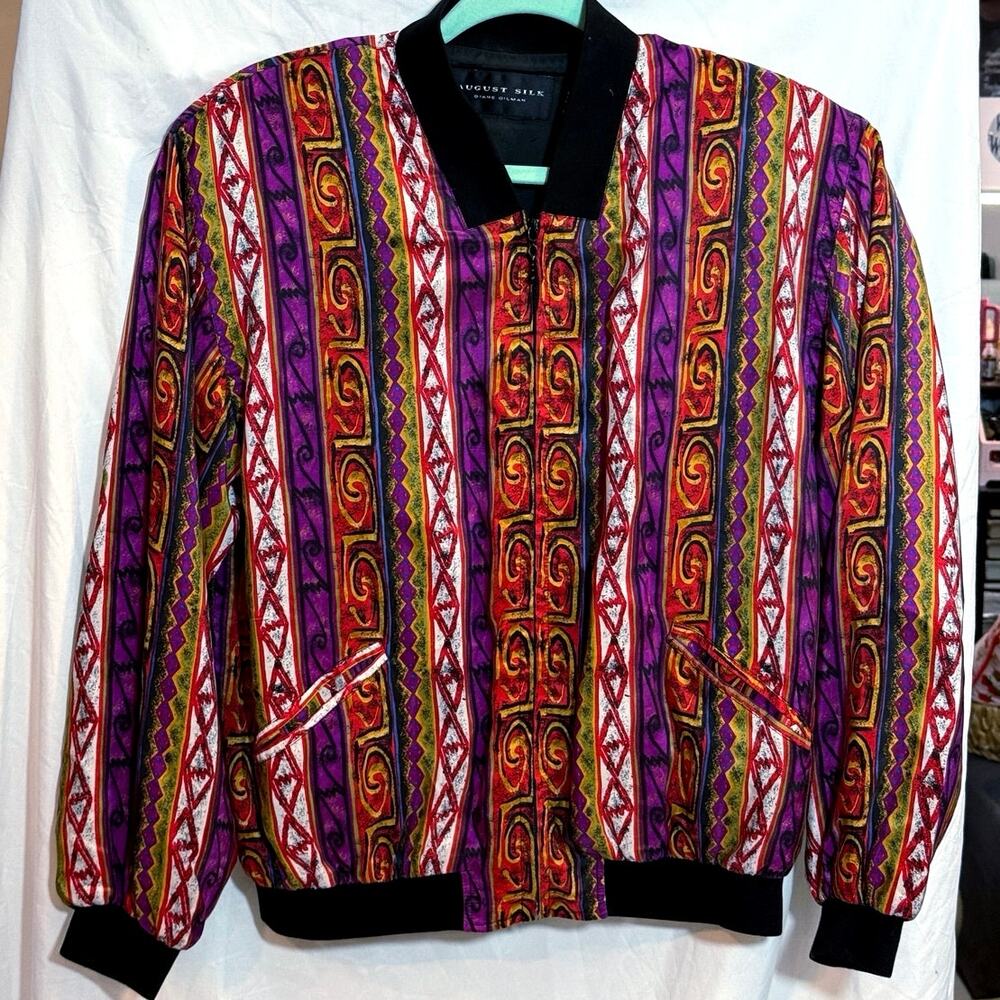 Vintage August Silk Diane Gilman Silk Bomber Jacket Size Small Aztec Colourful